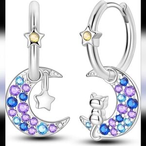 Macy's Silver Hoop Earrings with Purple and Blue Gem Moon & Cat Charms